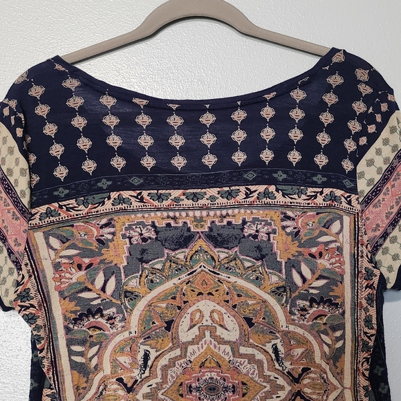 LUCKY BRAND Y2K Bohemian Indian Tapestey Indigo Short Sleeve Top Size Large - Picture 6 of 13